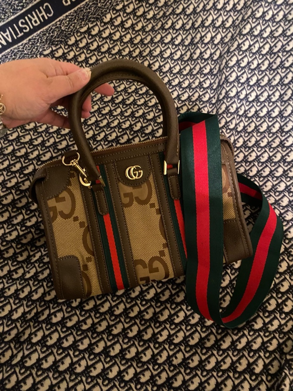 Gucci Brown GG Canvas Top-Handle Satchel with Green & Red Web Strap